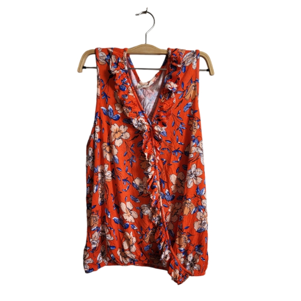 Alkamy Orange V-Neck Sleeveless Blouse with Floral Print